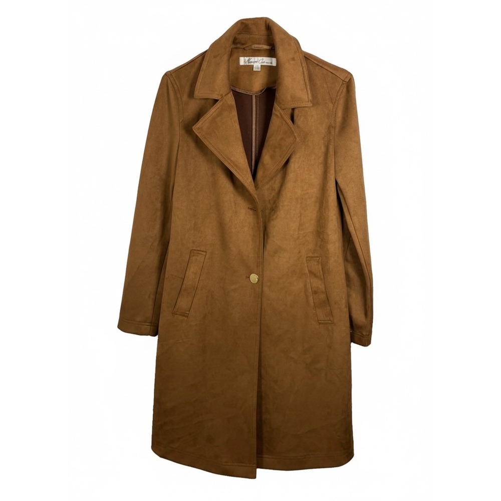 Kenneth Cole Faux Vegan Suede Car Coat Trench Sz S Fall Boho Cognac Brown FLAW